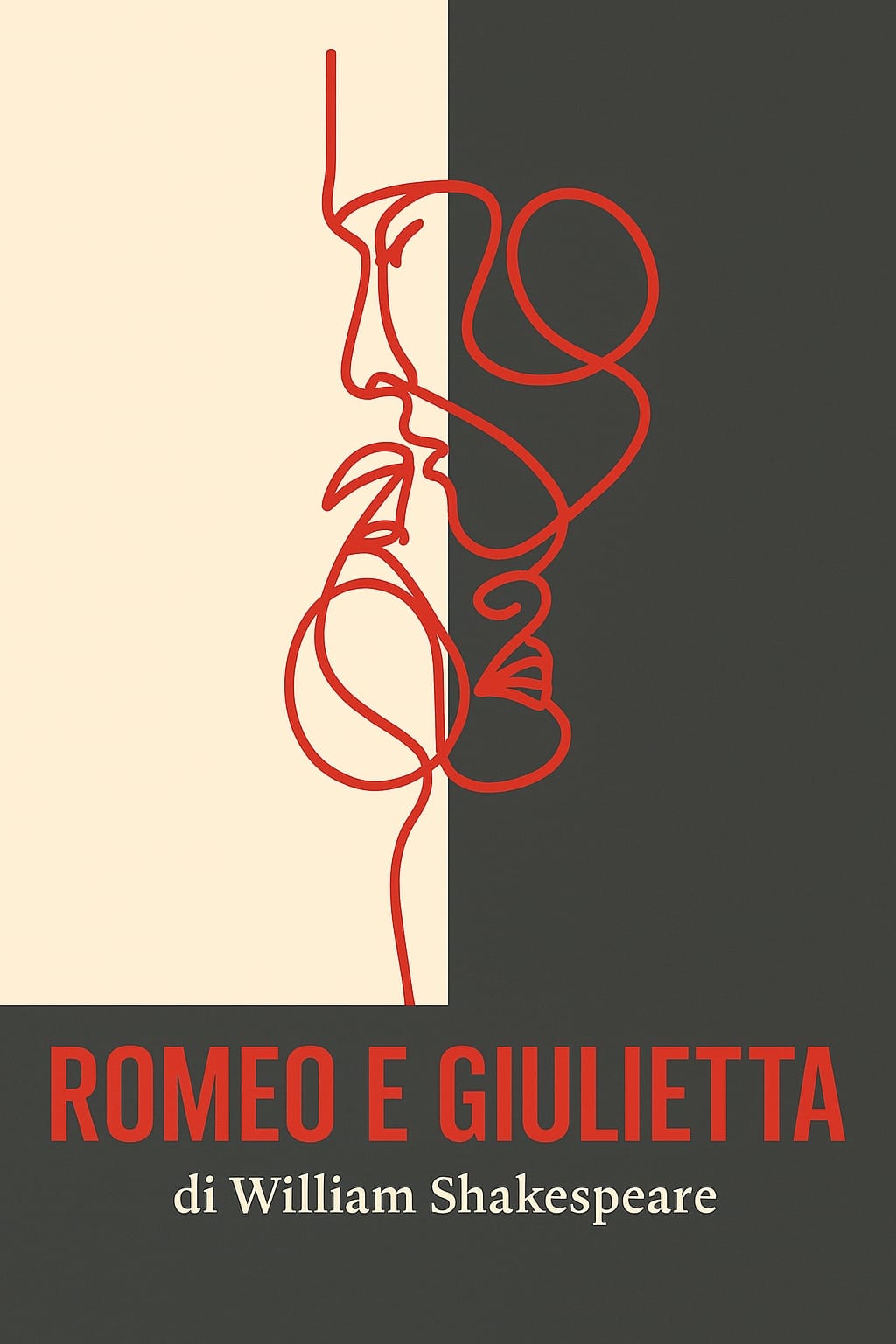 Locandina di Romeo e Giulietta — line art di due volti che si sfiorano